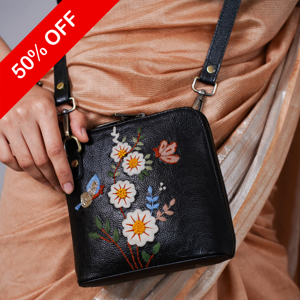 Handcrafted White Daisy Flowers Embroidered Genuine Leather Sling Bag