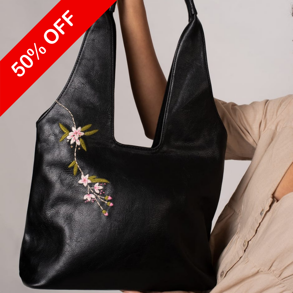 Women Hand Embroidered Blush Lilies Tote Bag