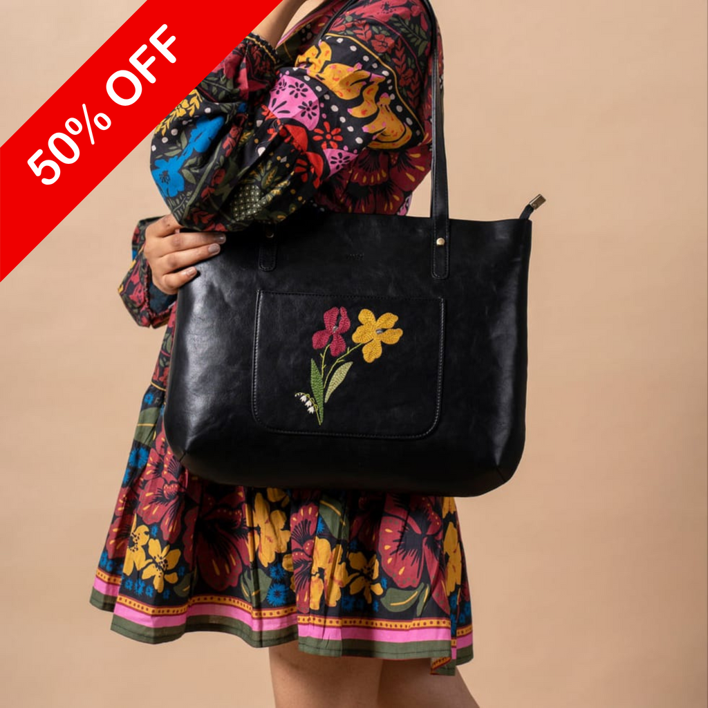 Womens Hand Embroidered Navy Black Tote Bag