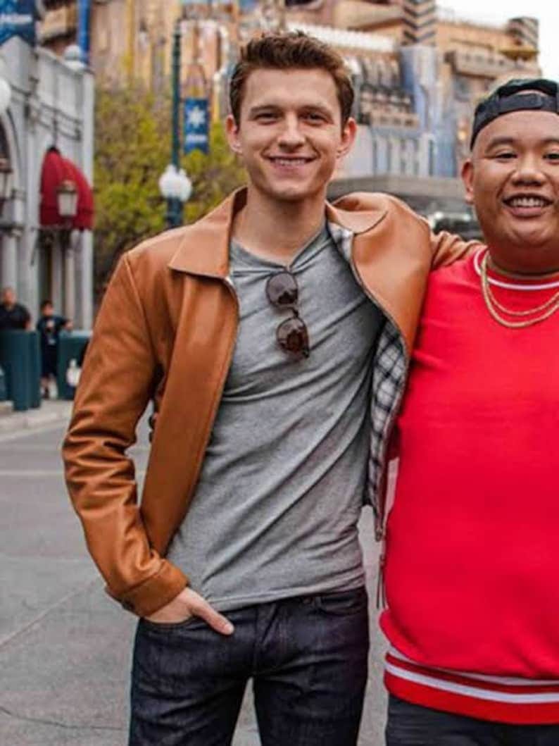 Tom Holland "Spider Man - No Way Home" Tan Brown Solid Casual Tailored Leather Jacket with Man Style Collar