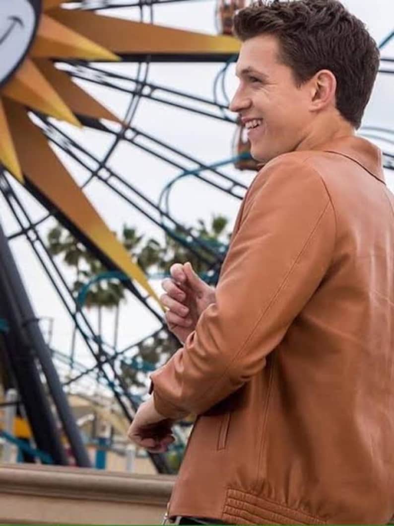 Tom Holland "Spider Man - No Way Home" Tan Brown Solid Casual Tailored Leather Jacket with Man Style Collar