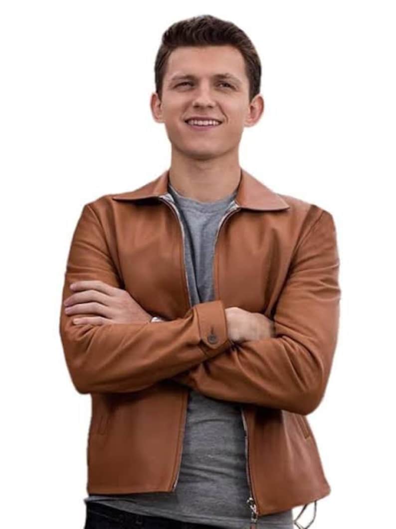 Tom Holland "Spider Man - No Way Home" Tan Brown Solid Casual Tailored Leather Jacket with Man Style Collar