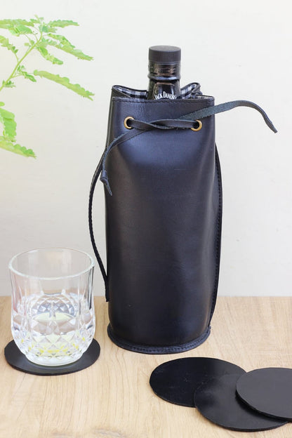 Luxury Leather Bottle Case with Coasters