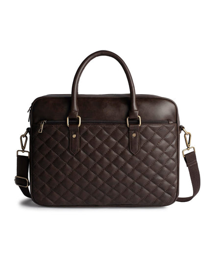 Brown Diamond Quilted 16" Leather Laptop Bag with Detachable Strap