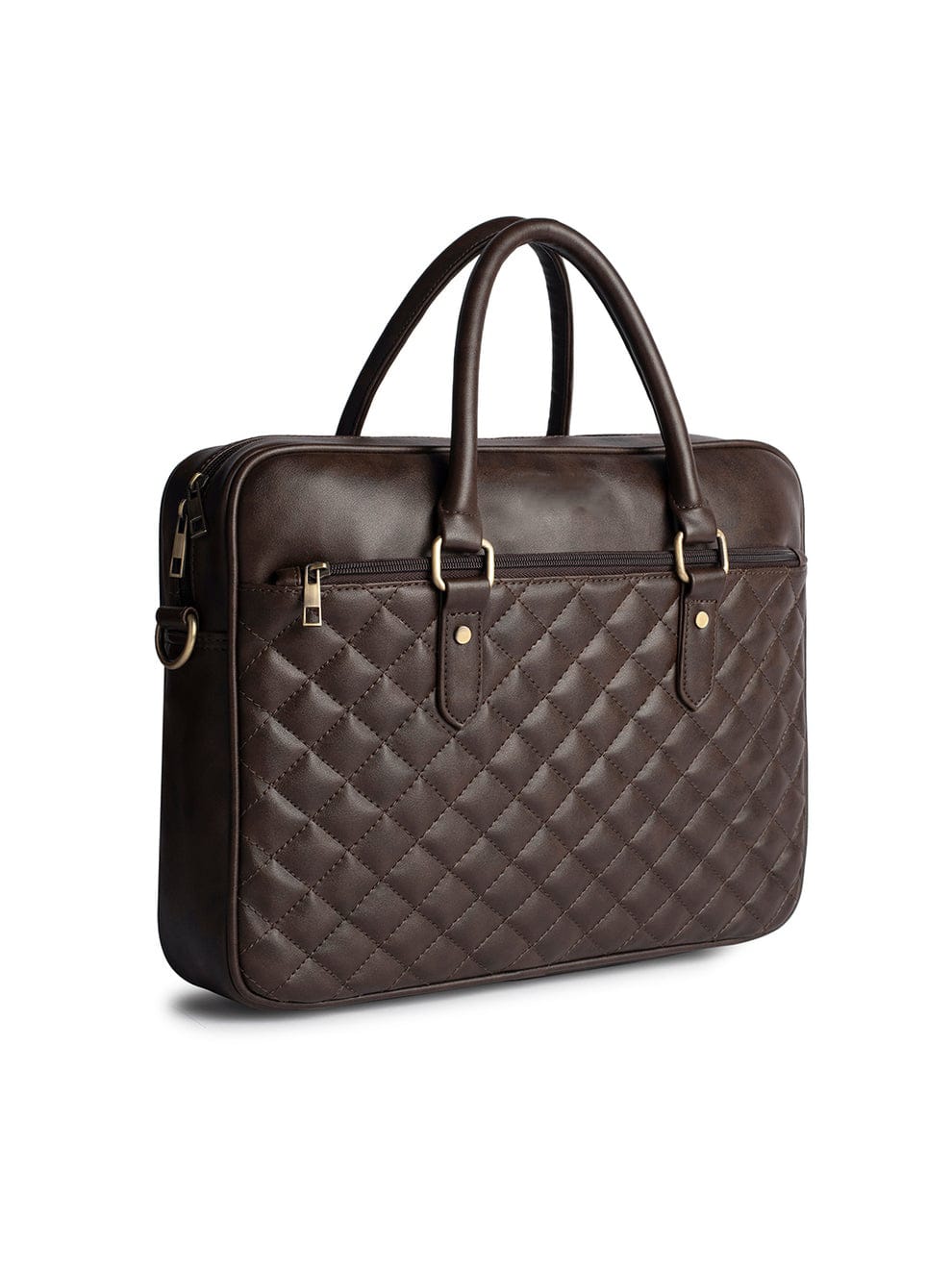 Brown Diamond Quilted 16" Leather Laptop Bag with Detachable Strap