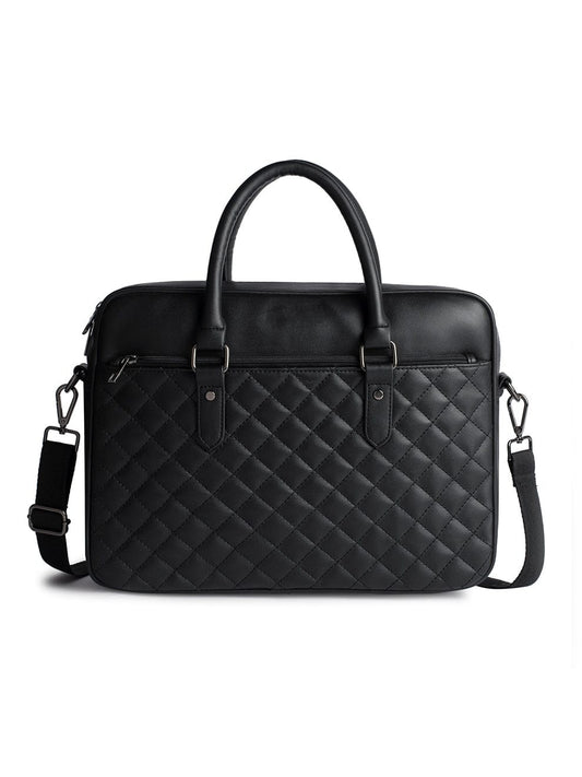 Black Diamond Quilted 16" Leather Laptop Bag with Detachable Strap