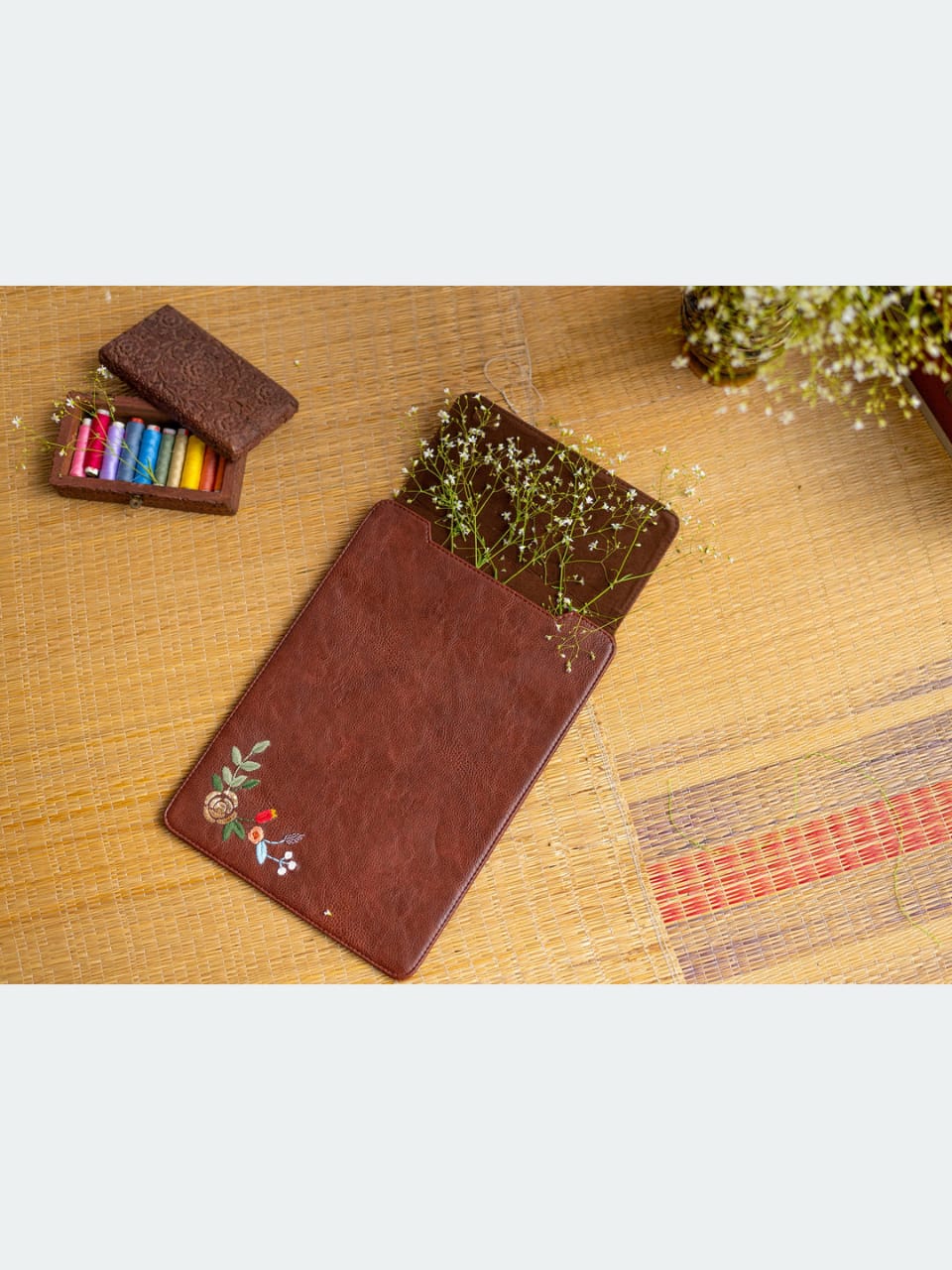 Leather Hand Embroidered Laptop Sleeve  (15"/16")