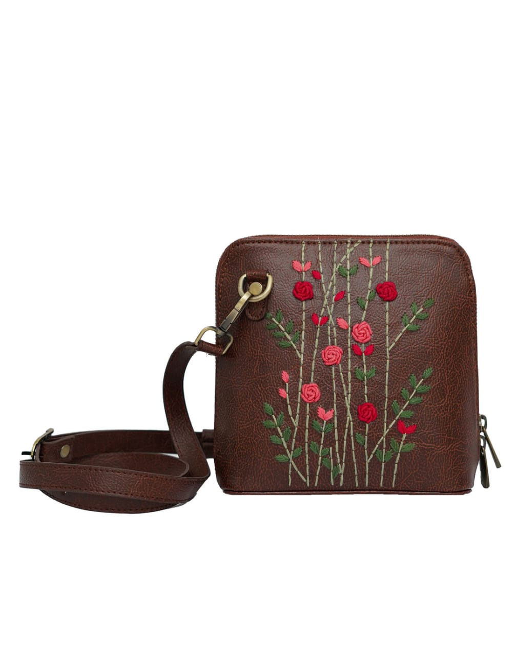 Handcrafted Brown - Red Rosebuds Embroidered Genuine Leather Square Sling Bag