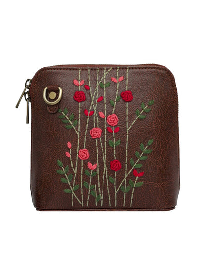 Handcrafted Brown - Red Rosebuds Embroidered Genuine Leather Square Sling Bag