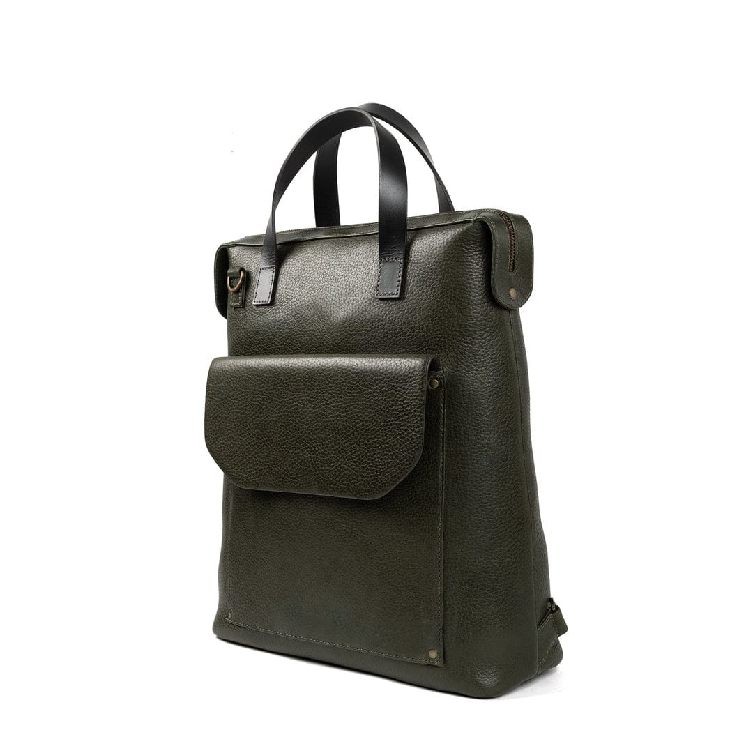 Black Full Grain Genuine Leather Backpack in Army Green Color