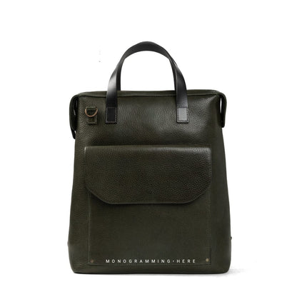 Black Full Grain Genuine Leather Backpack in Army Green Color