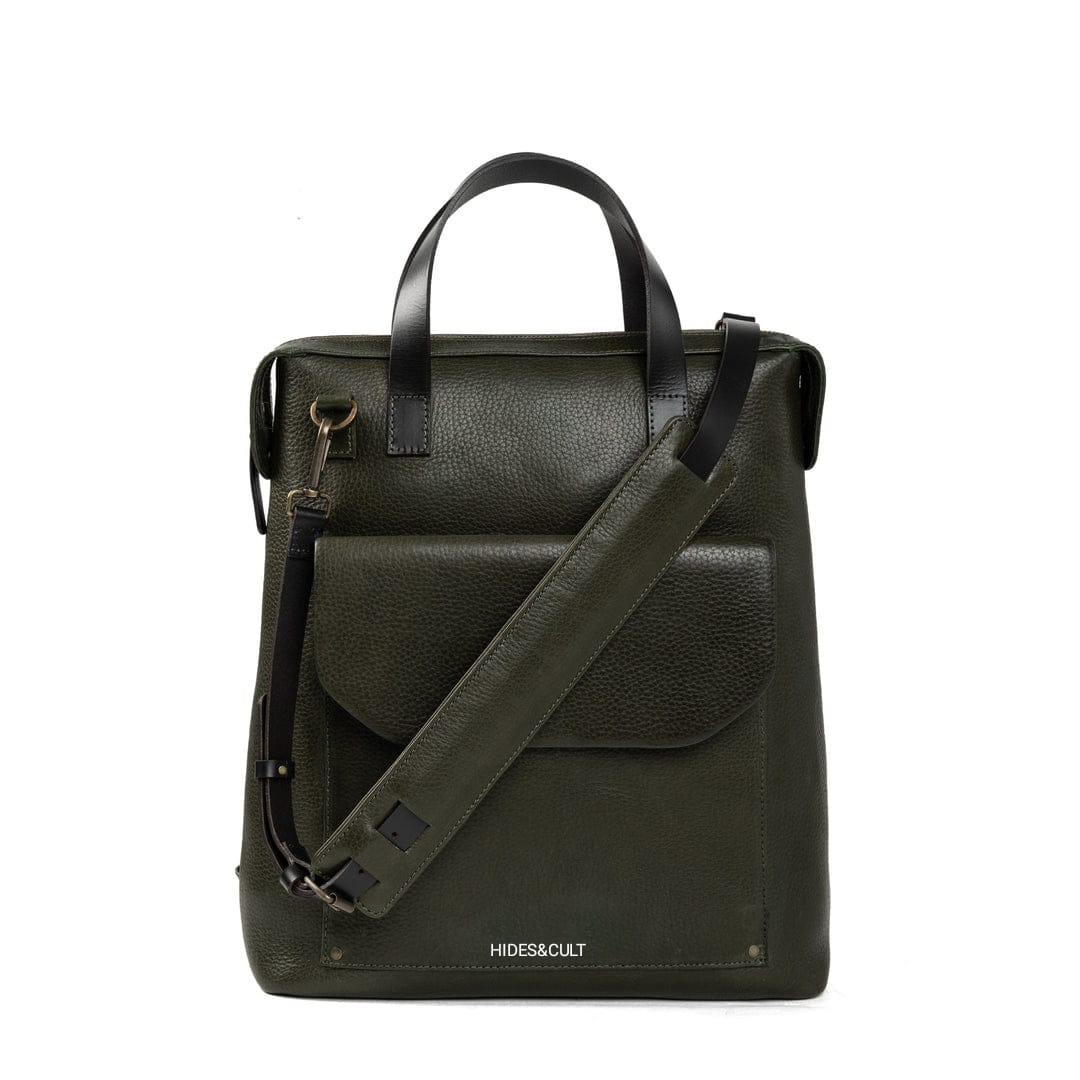 Black Full Grain Genuine Leather Backpack in Army Green Color