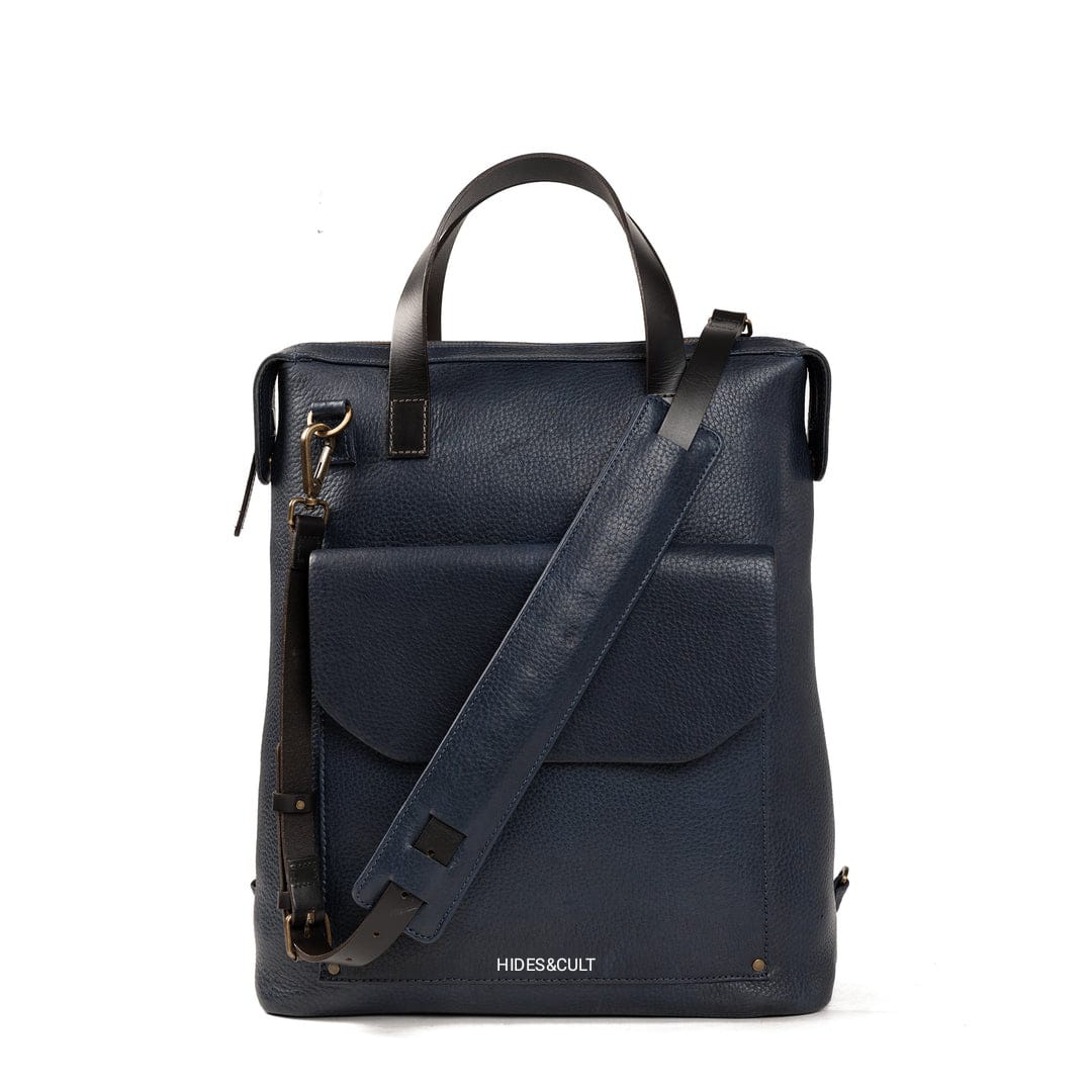 Men's Black Full Grain Genuine Leather Backpack in Navy Blue Color