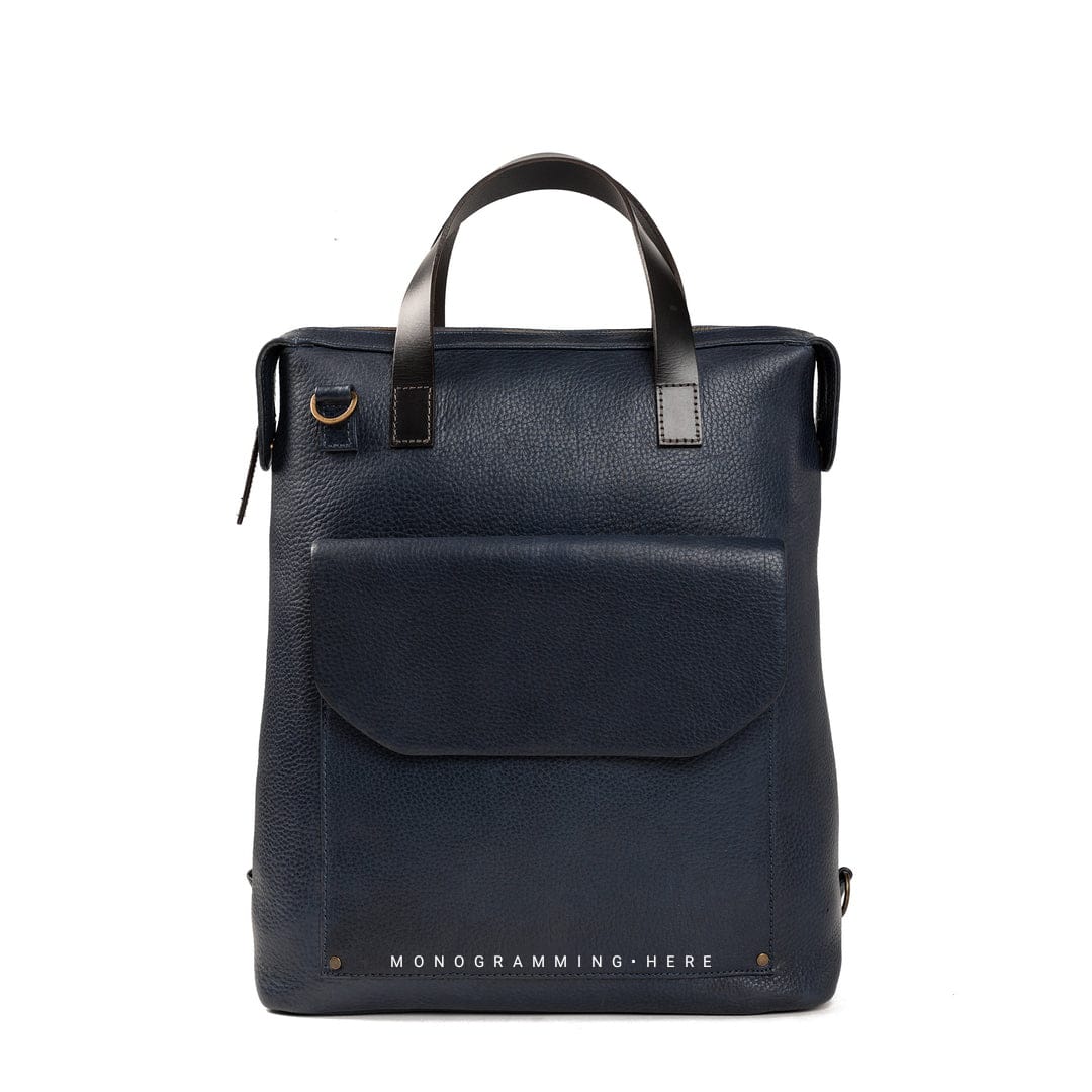 Men's Black Full Grain Genuine Leather Backpack in Navy Blue Color