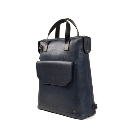 Men's Black Full Grain Genuine Leather Backpack in Navy Blue Color