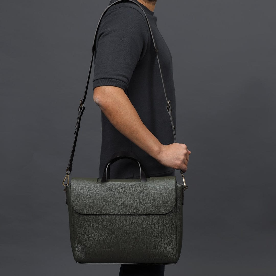 Genuine Leather Messenger Bag In Army Green Color