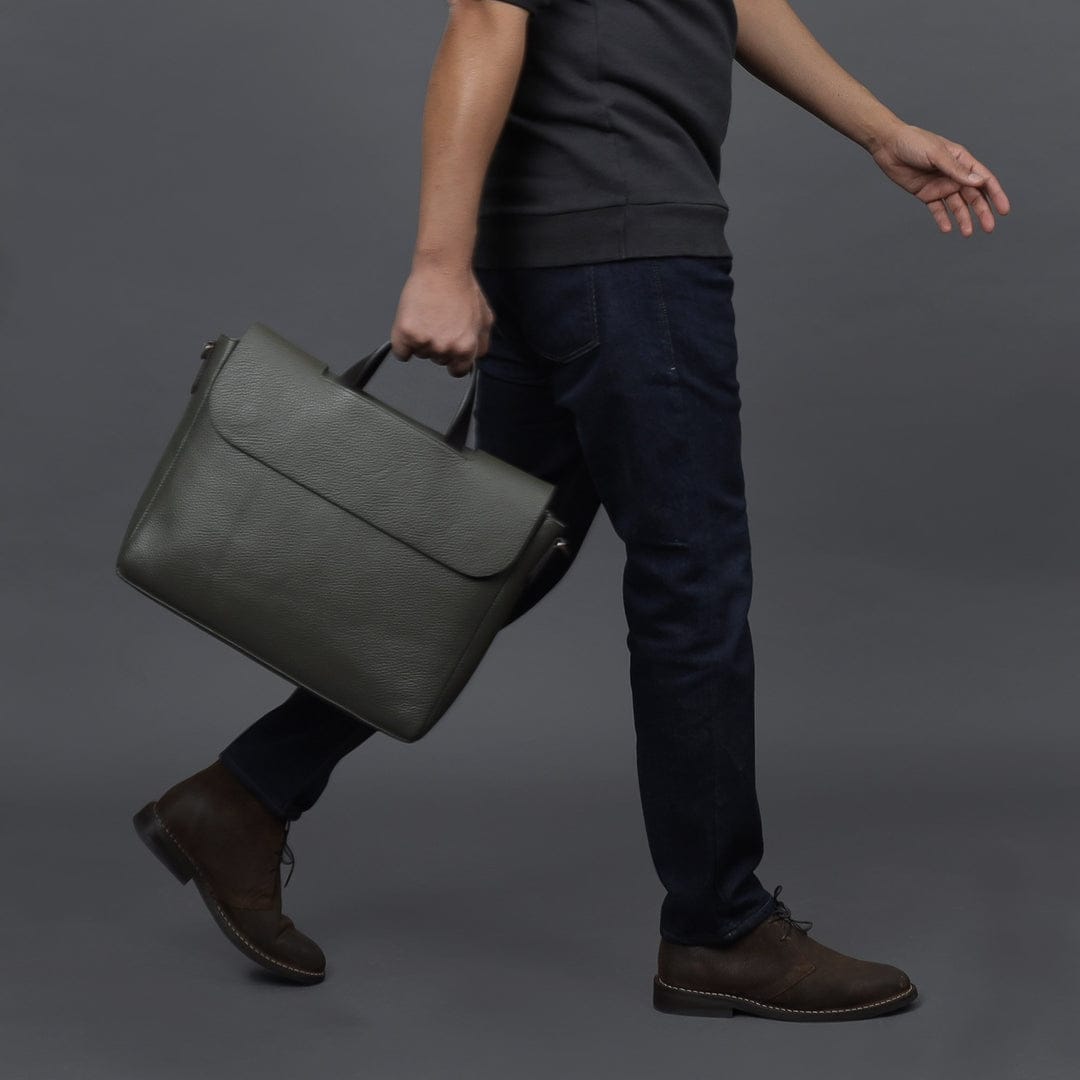 Genuine Leather Messenger Bag In Army Green Color