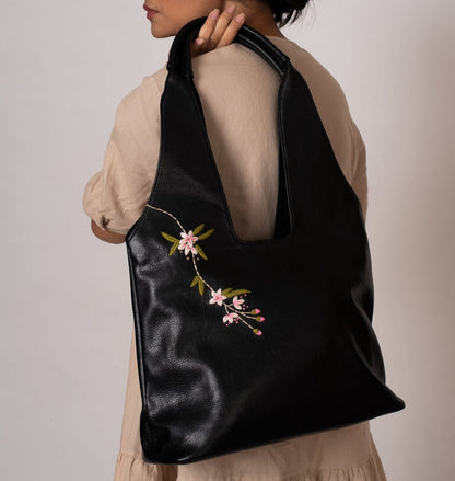 Women Hand Embroidered Blush Lilies Tote Bag