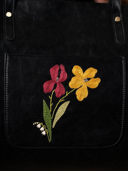 Womens Hand Embroidered Navy Black Tote Bag