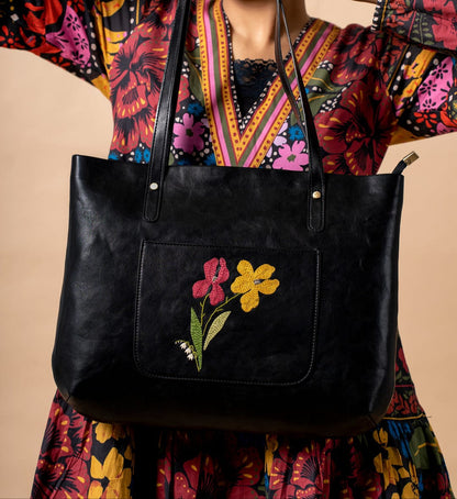 Womens Hand Embroidered Navy Black Tote Bag