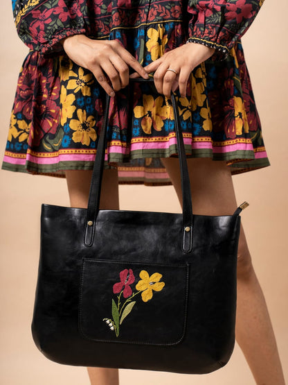 Womens Hand Embroidered Navy Black Tote Bag