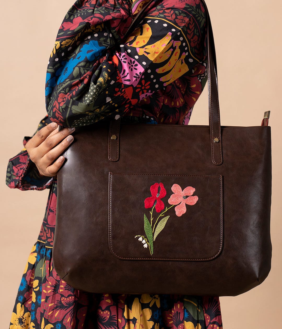 Womens Hand Embroidered Navy Black Tote Bag