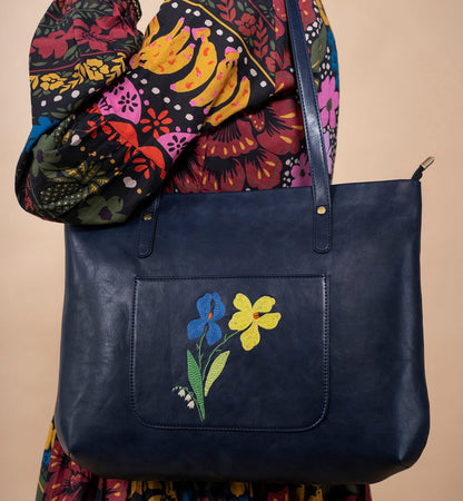 Womens Hand Embroidered Navy Black Tote Bag