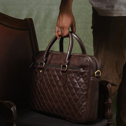 Brown Diamond Quilted 16" Leather Laptop Bag with Detachable Strap