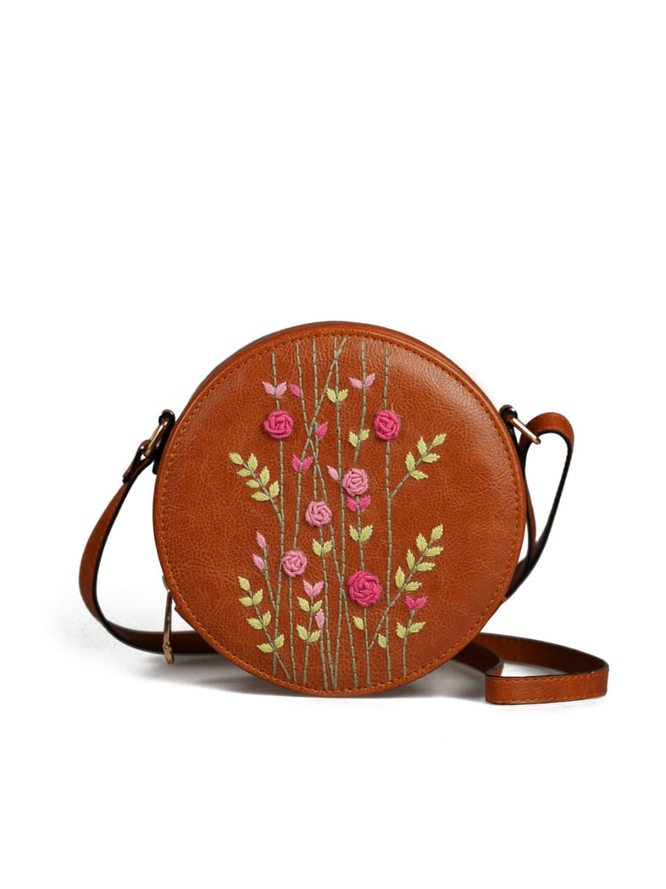 Handcrafted Tan - Pink Rosebuds Embroidered Round Genuine Leather Sling Bag