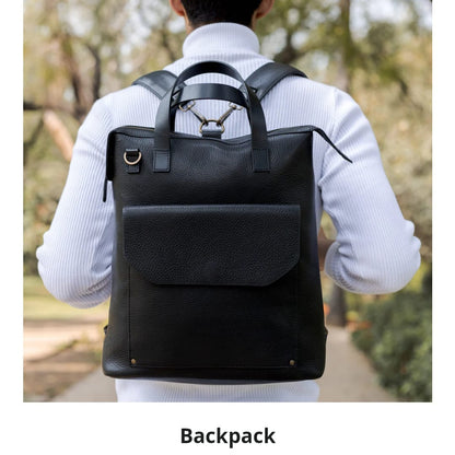 Black Full Grain Genuine Leather Backpack in Black