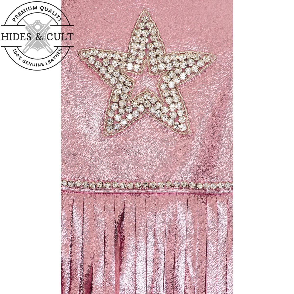 Womens Pink Metallic Foil Effect Crystal Star Patch Long Fringed Motorcycle Biker Genuine Leather Jacket