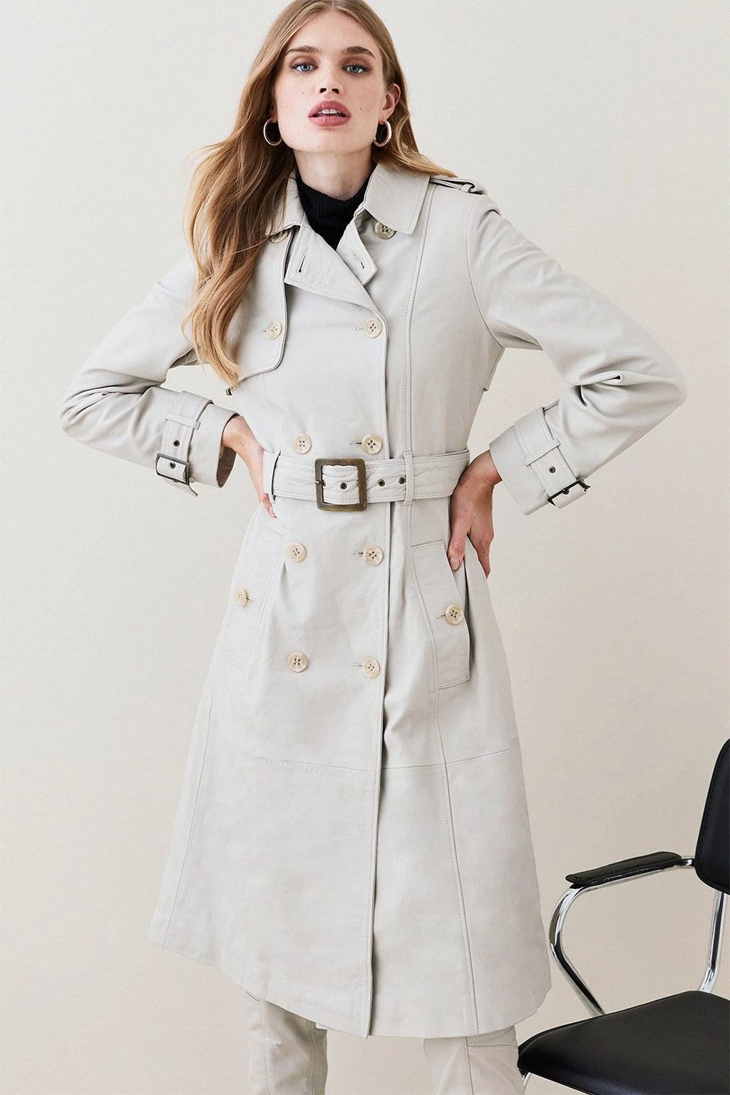 Womens Off White Double Breasted Real Leather Trench Coat