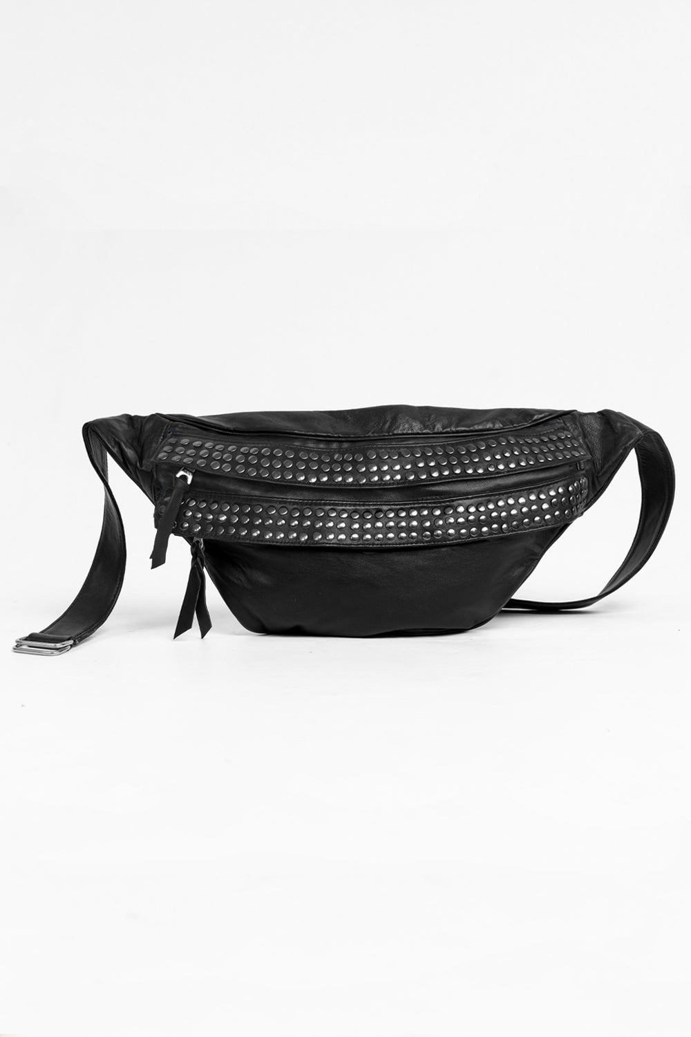 Black Studded Buttery Soft Leather Sling Bum Bag