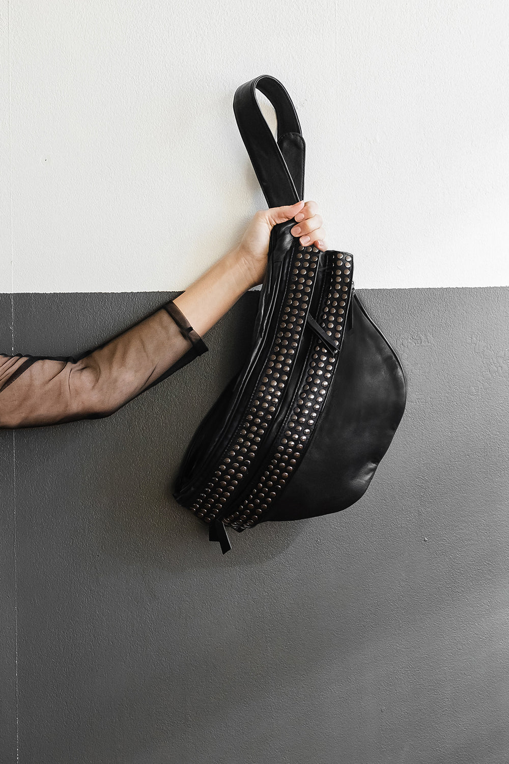 Black Studded Buttery Soft Leather Sling Bum Bag