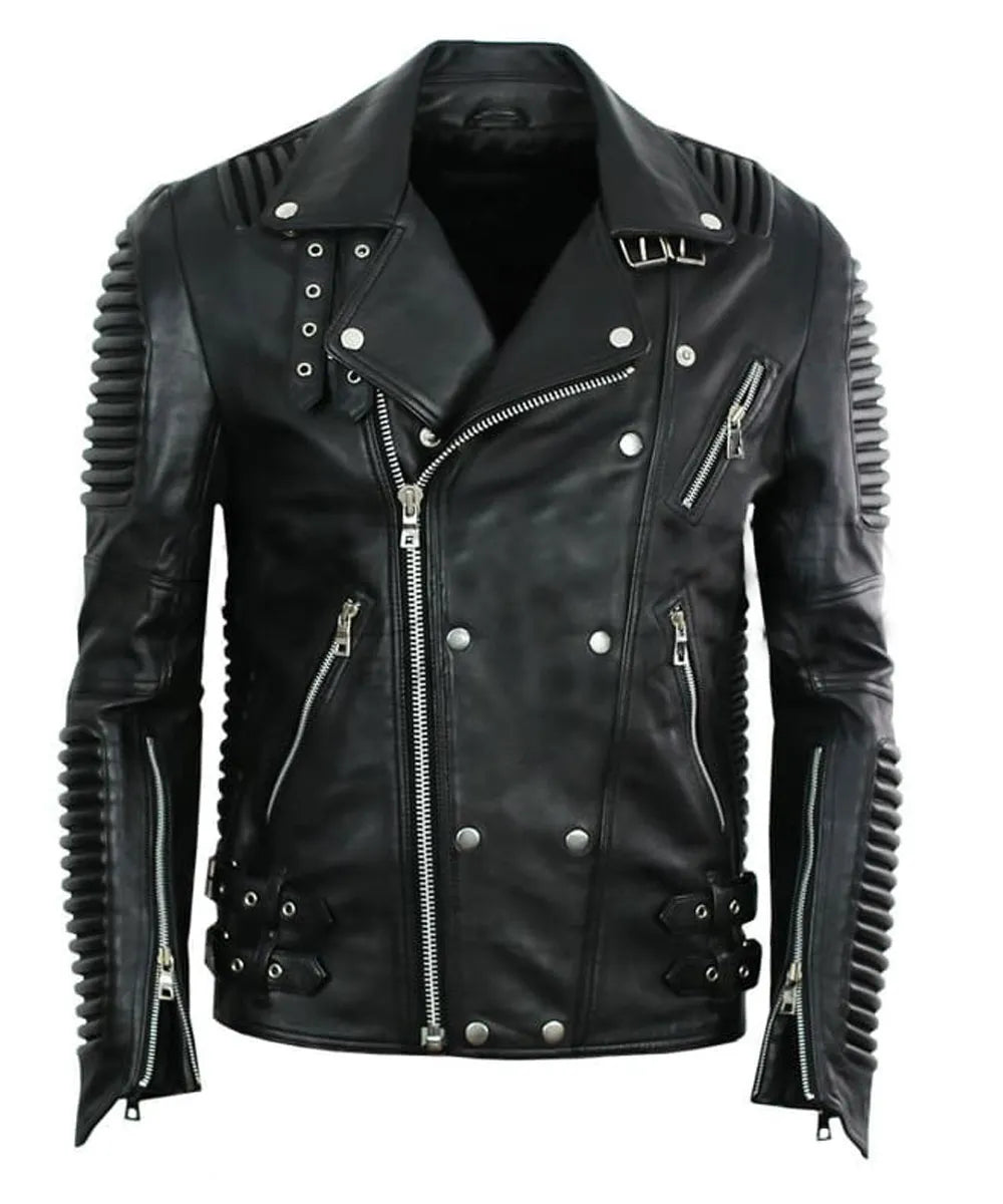 Mens Black Slim Fit Motorcycle Biker Leather Jacket