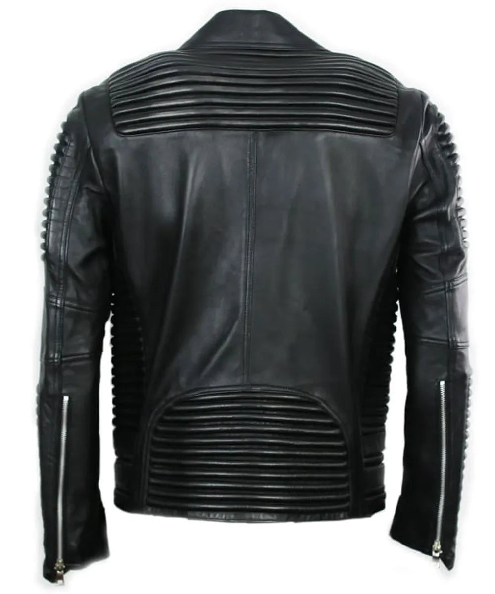 Mens Black Slim Fit Motorcycle Biker Leather Jacket