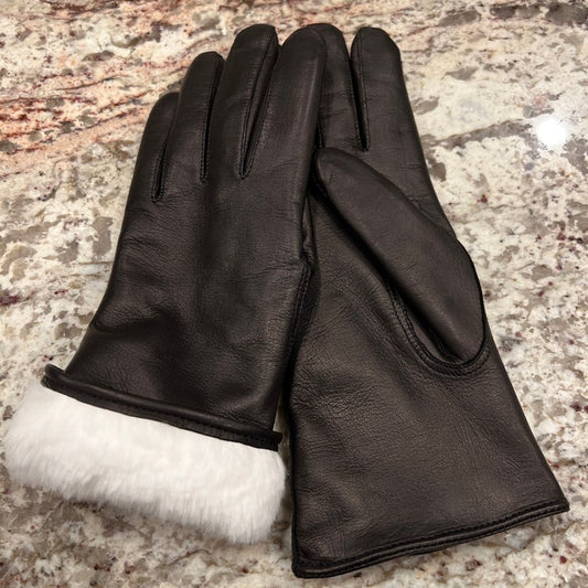 Womens Black Rabbit Furr Lined Warm Winter Genuine Leather Gloves