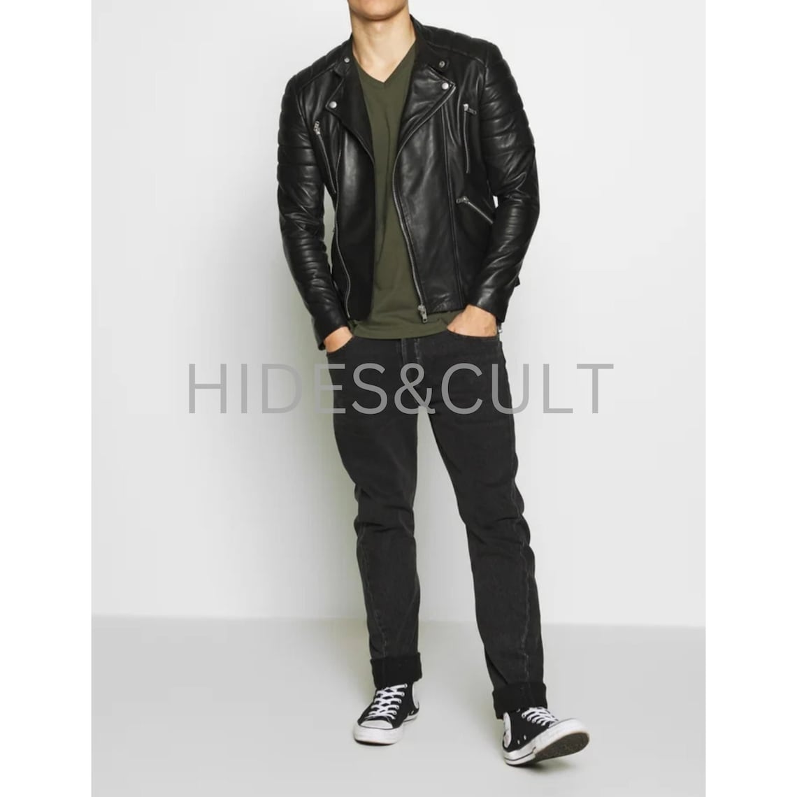 Men Black Solid Casual Tailored Motorcycle Biker Leather Jacket Men Casual Black Leather Jacket