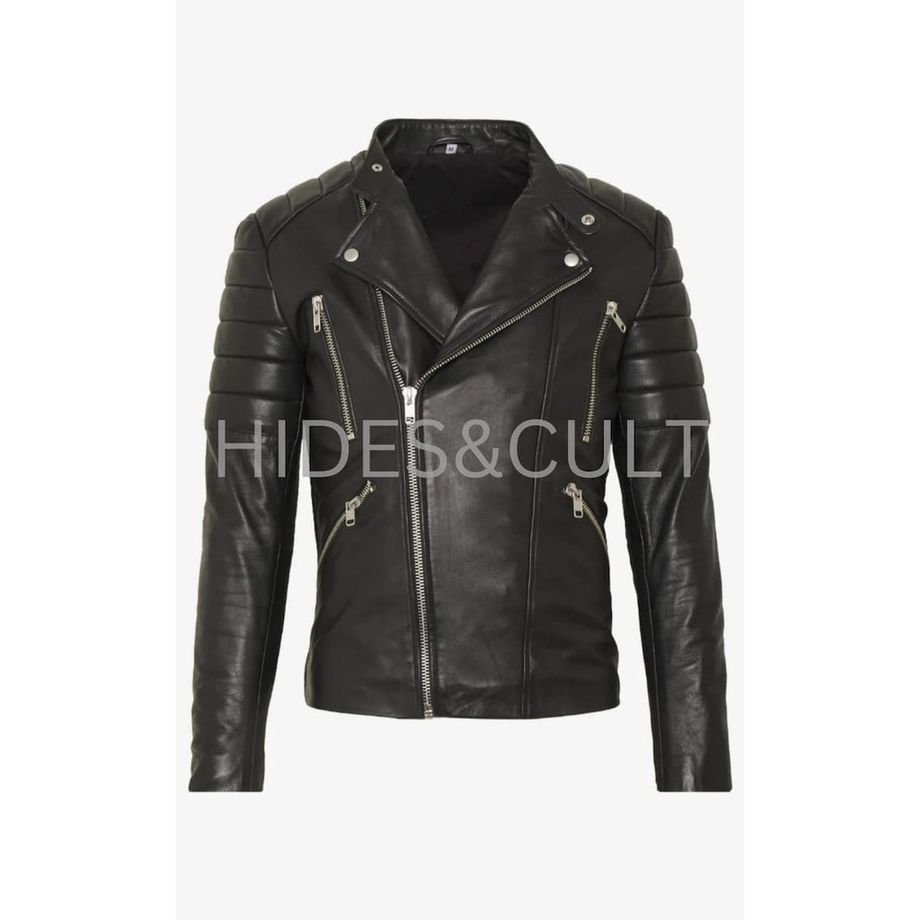 Men Black Solid Casual Tailored Motorcycle Biker Leather Jacket Men Casual Black Leather Jacket