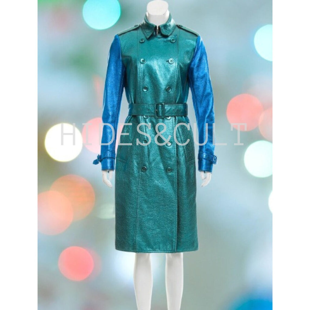 Women's Green and Blue Two Toned Metallic Leather Double Breasted Trench Coat