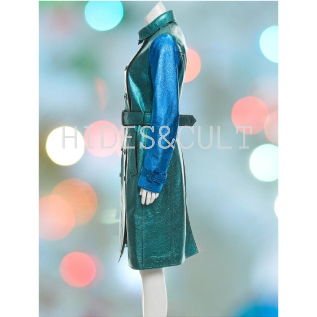 Women's Green and Blue Two Toned Metallic Leather Double Breasted Trench Coat