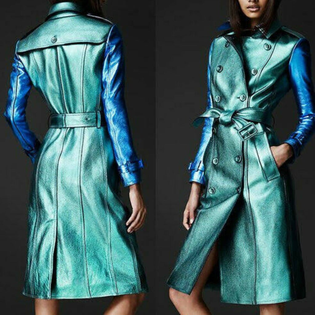 Women's Green and Blue Two Toned Metallic Leather Double Breasted Trench Coat