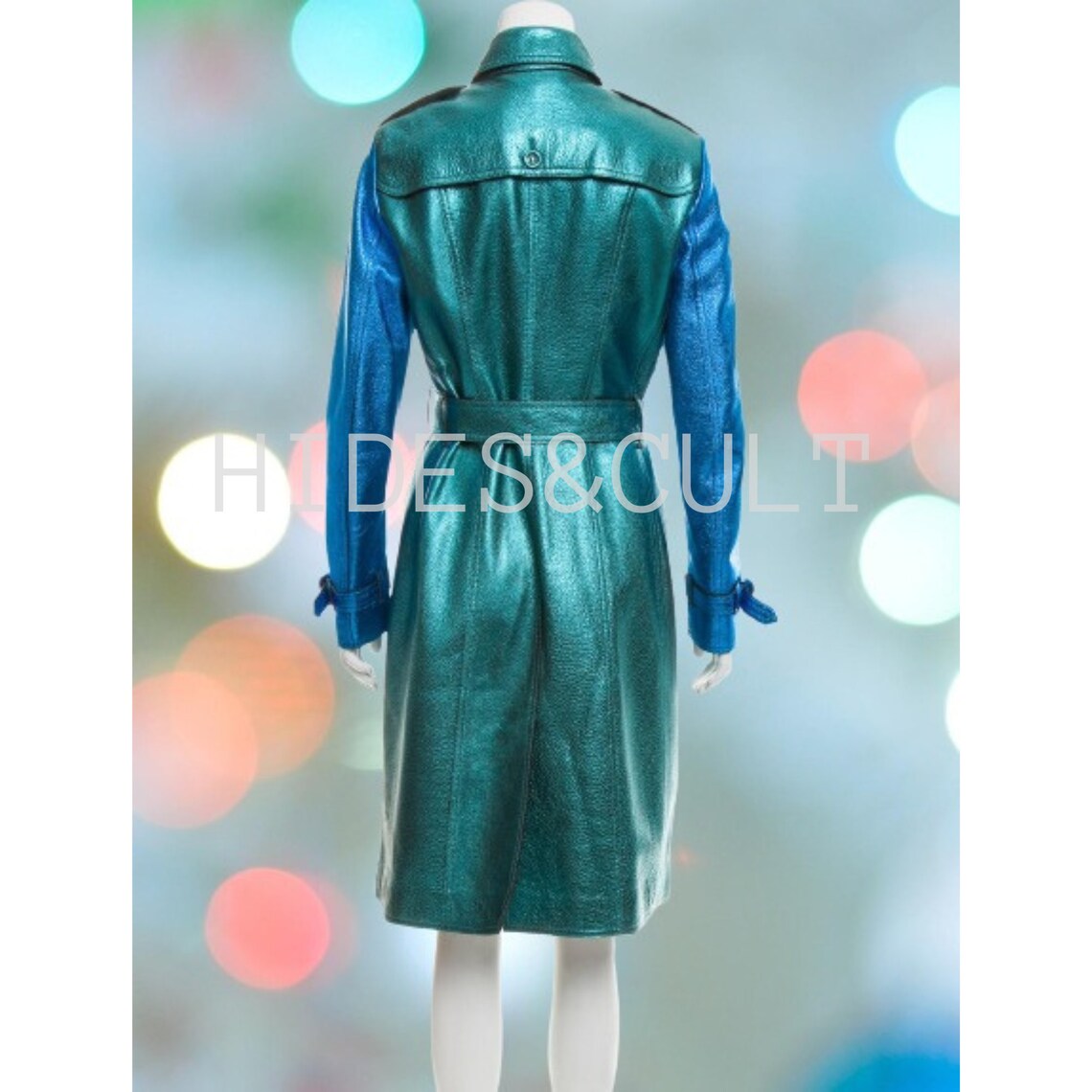 Women's Green and Blue Two Toned Metallic Leather Double Breasted Trench Coat