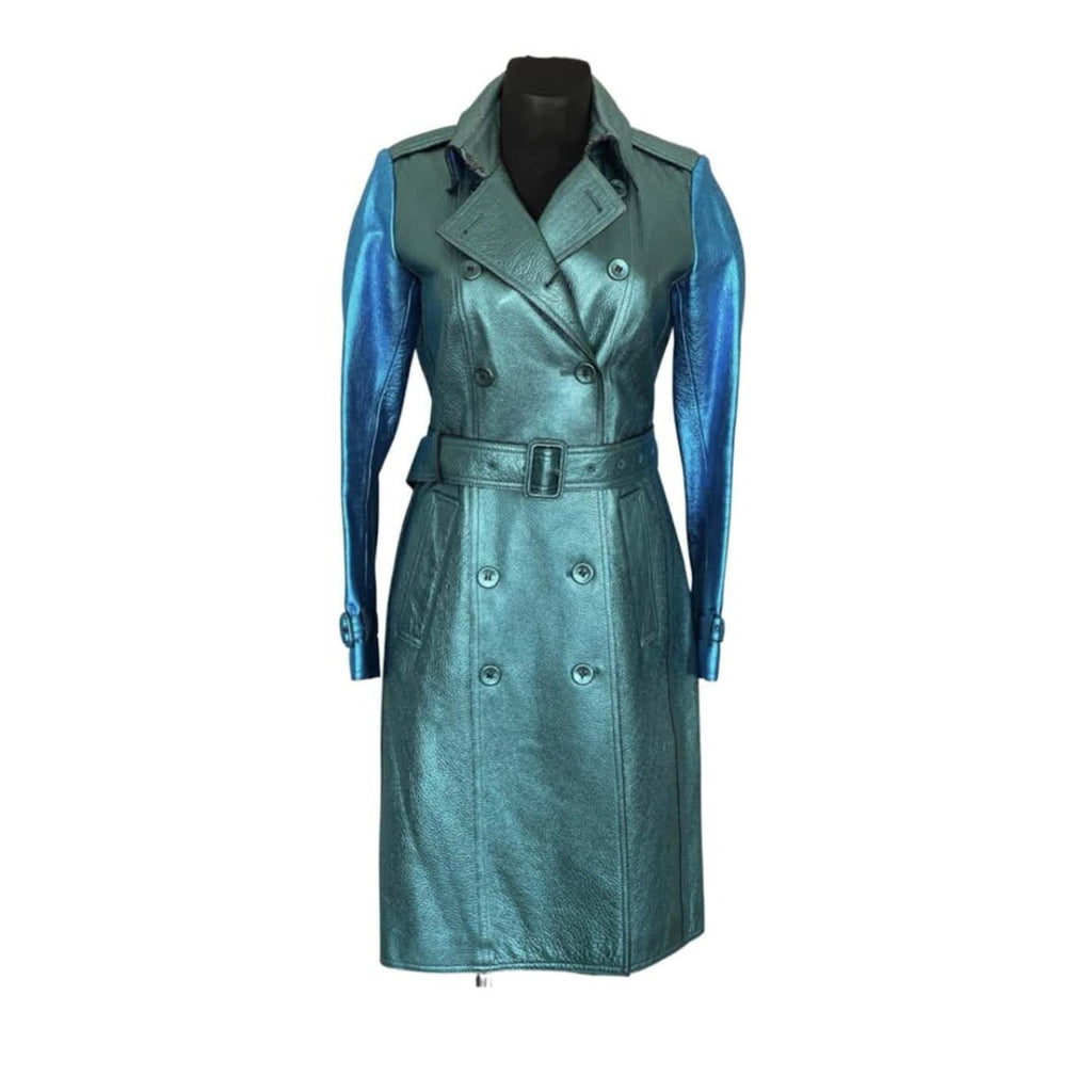 Women's Green and Blue Two Toned Metallic Leather Double Breasted Trench Coat