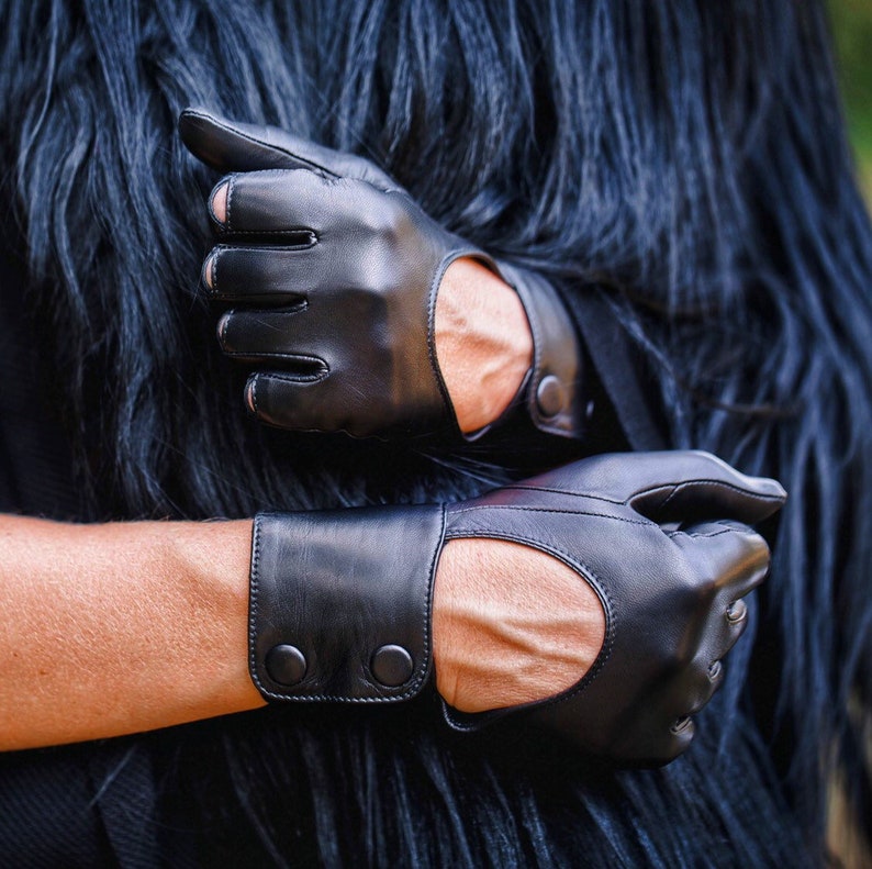 Unisex Minimal Long Black Genuine Leather Gloves