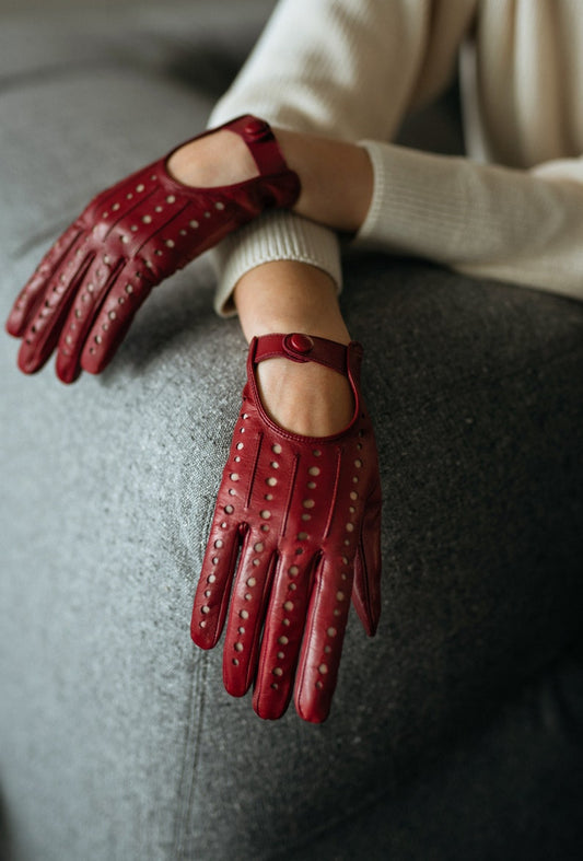 Wine Red / Olive Green Handmade Leather Driving Gloves for Women