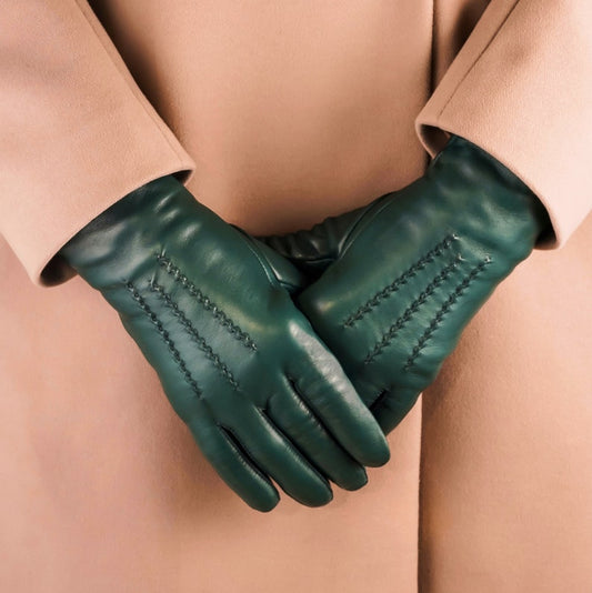 Womens Green Cashmere Lined Leather Gloves