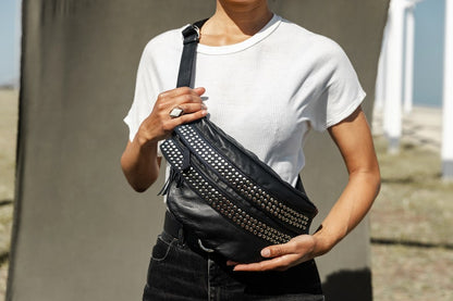 Black Studded Buttery Soft Leather Sling Bum Bag