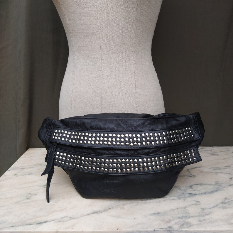 Black Studded Buttery Soft Leather Sling Bum Bag