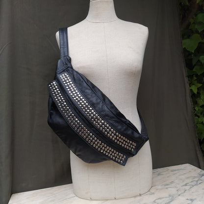 Black Studded Buttery Soft Leather Sling Bum Bag